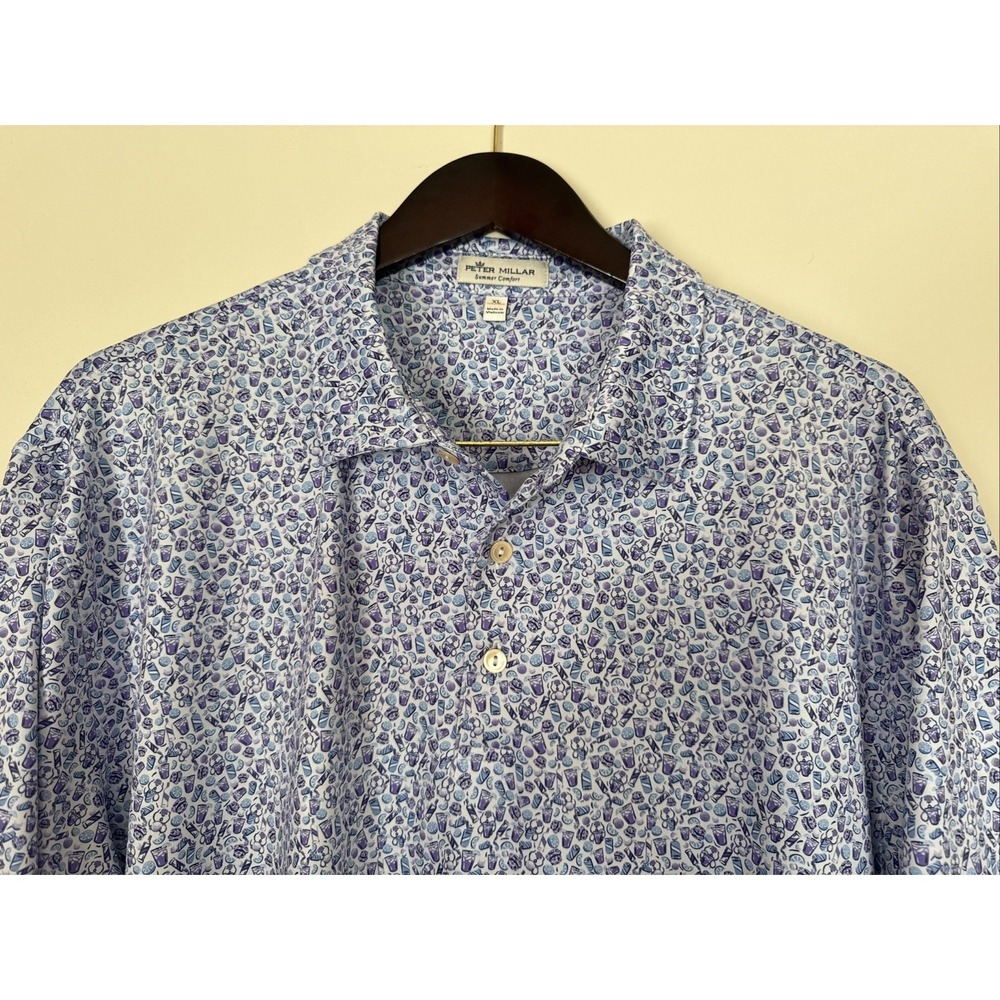 Peter Millar Summer Comfort Polo Shirt XLarge Blue All Over Cocktail Drinks Golf